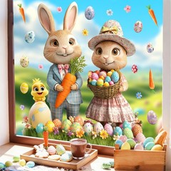 Large Easter Window Decoration Clings Double-Sided Bunny Decals Home Indoor Deco