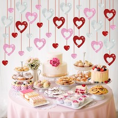 Valentines Decorations – Glitter Heart Day Hanging Red Pink Silver