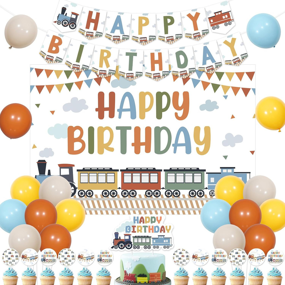 Train Theme Birthday Decorations, Steam Train Happy Birthday Backdrop Banner Sig