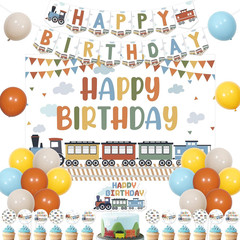 Train Theme Birthday Decorations, Steam Train Happy Birthday Backdrop Banner Sig