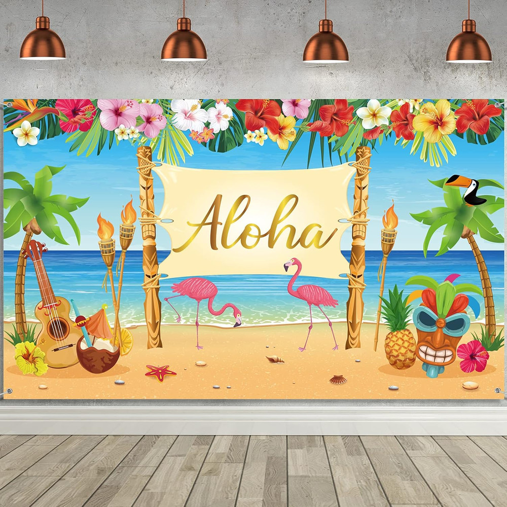 Hawaiian Aloha Party Decoration, Extra Large Summer Luau Beach Banner Backdrop B