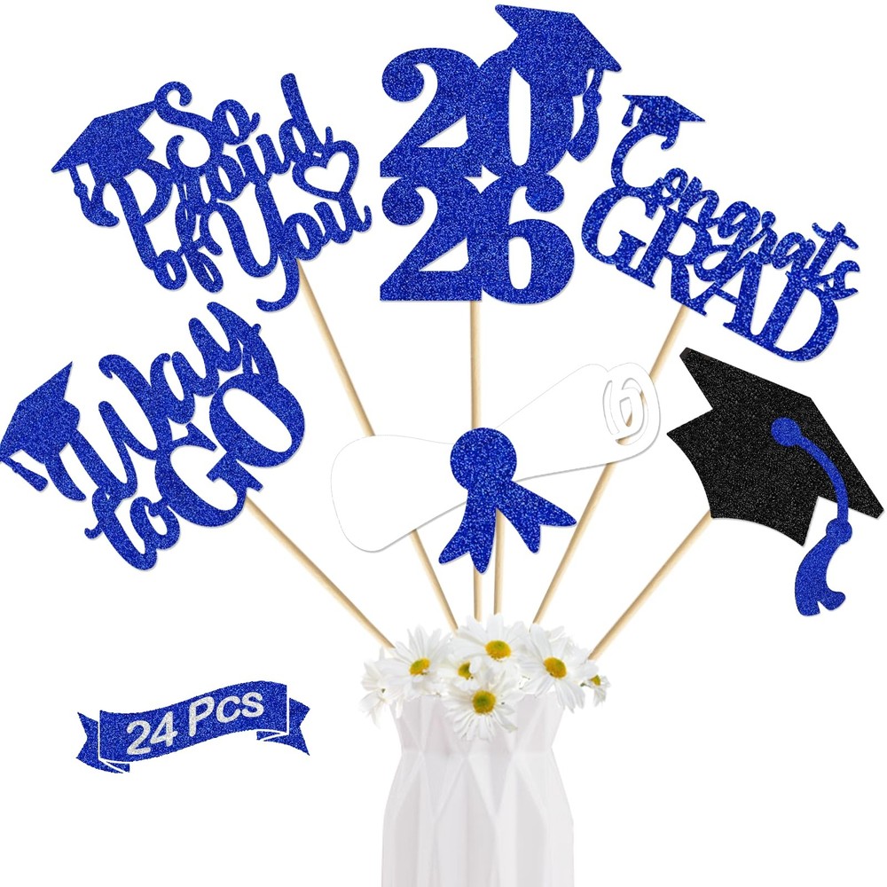 24 PCS Blue White Class Of 2026 Graduation Centerpiece Sticks Table Toppers