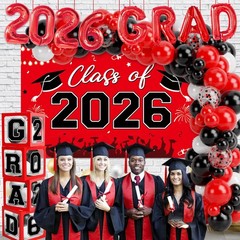 Graduation Decorations 2026, Red Black Graduation Party Decorations 123pcs Ba…