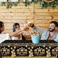 Juweked Beer Party Decorations,Black and Gold Happy Birthday Tablecloth for