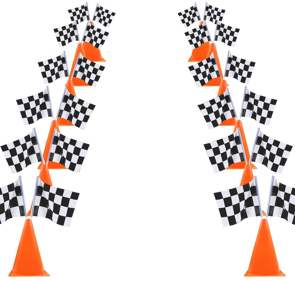6 Pack 7inch Orange Race Cones with Holes on Top,12 Pack Checkered Flags,Raci…