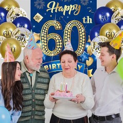 Complete 60th Birthday Decor – Navy Blue & Gold Banner with 18 Balloons Included