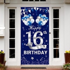 Blue Silver 16th Door Banner Decorations, Happy 16 Door Cover Sign Party Supp…