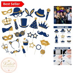 24 Pcs Funny Photo Booth Props in Gold & Navy Blue – Perfect for Any Celebration