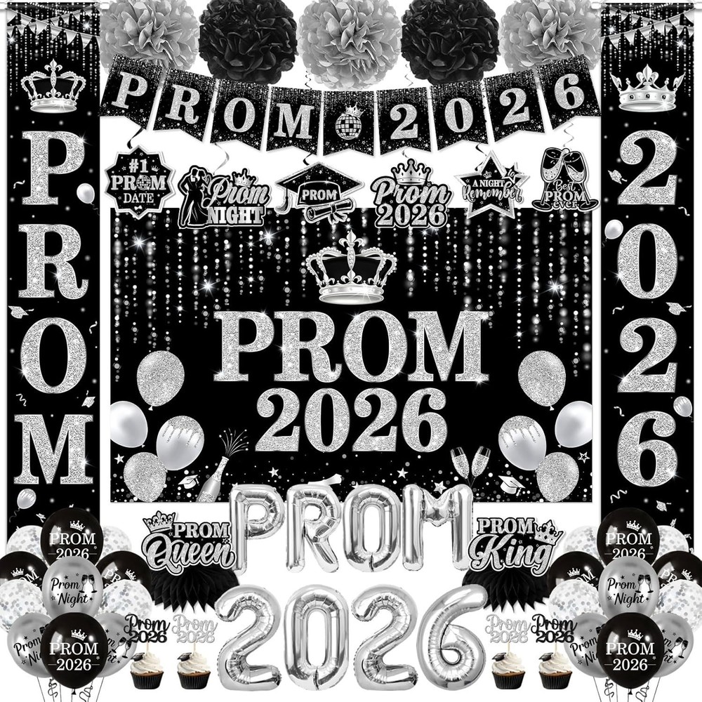Prom Decorations 2026 Kit Banner Backdrop Black Silver Balloons Party Supplies