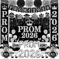 Prom Decorations 2026 Kit Banner Backdrop Black Silver Balloons Party Supplies