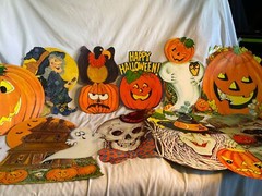 Vintage 10 Halloween Cardboard Diecut Decorations Witch Pumpkin Raccoon Skull ++