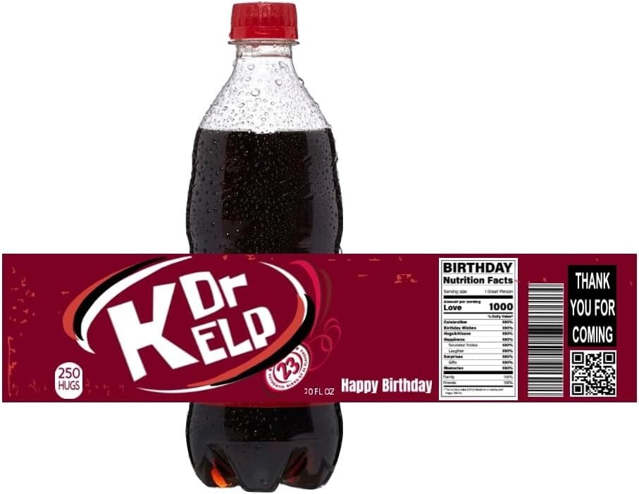 Dr Kelp Birthday Water Bottle Labels, 8.5 x 2 inches, Set of 12, Happy Birthday