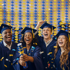 Graduation Decoration 2026 – Blue Gold Graduation Cap Tinsel Streamers Backdrop