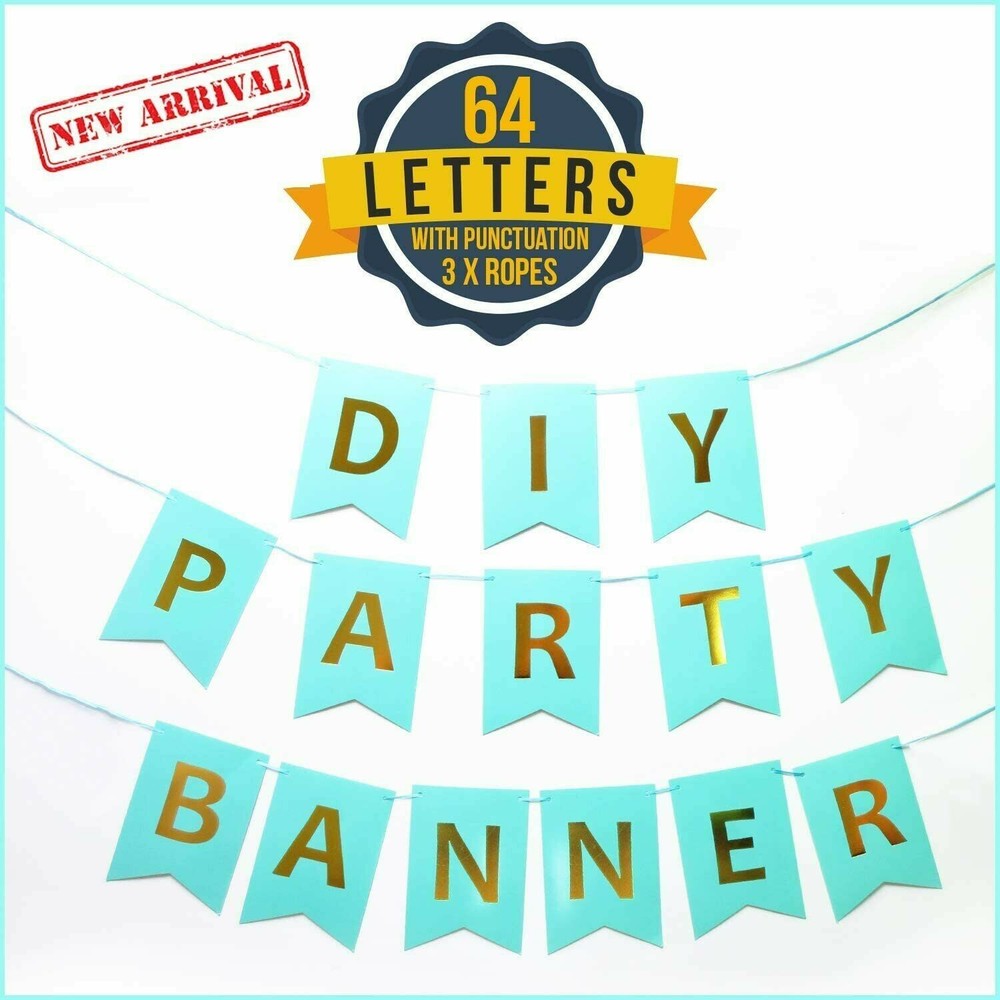 DIY Party Banner Letter Set w/Punctuation (64-Piece Kit) Reusable, Gold and Turq