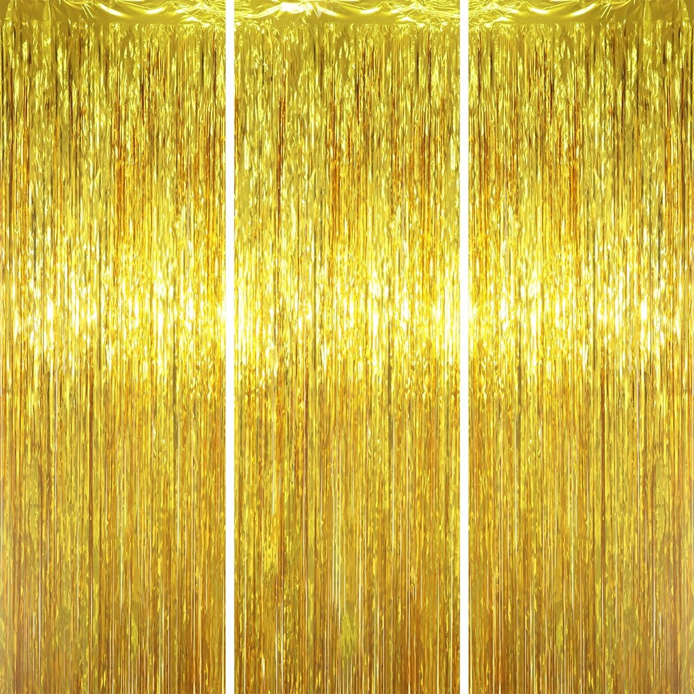 3 Pack 3.3 x 6.6 ft Gold Foil Fringe Backdrop Curtains, Tinsel Streamers Part…