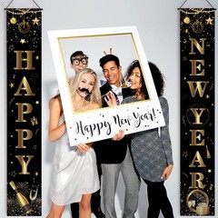 2026 Happy New Year Decorations Nye Eve Party Supplies Banner Porch Black