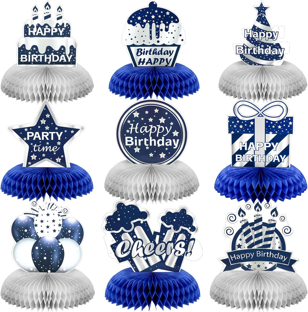 9 Pieces Blue and Silver Happy Birthday Party Decorations Birthday Table Centerp