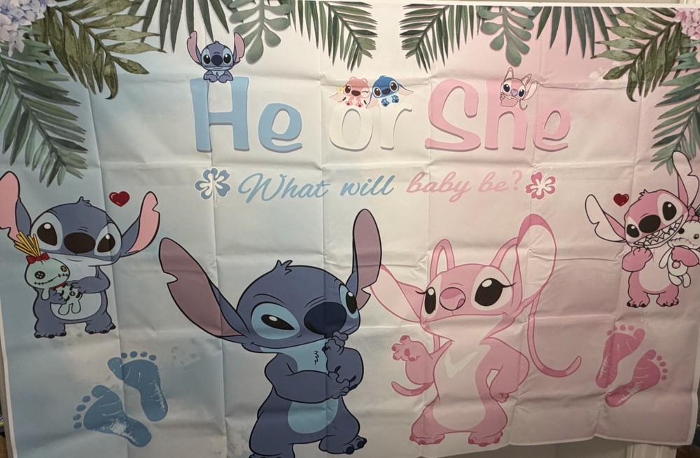Lilo & Stitch Gender Reveal Backdrop 6’x4′ He or She What Will Baby Be Backdrop
