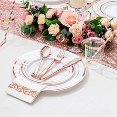 175PCS Rose Gold Dinnerware Set for 25 Guests, Rose Gold Rim Plastic Disposab…