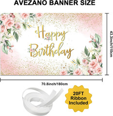 Avezano Rose Gold Birthday Backdrop for Women Pink Floral Golden Flash Happy Bir