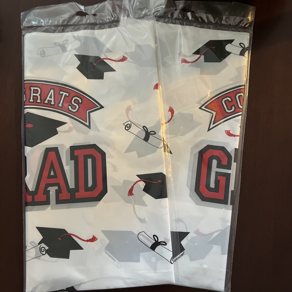 2 New Graduation Plastic Tablecloths Congrats Grad Rectangle White Red Black