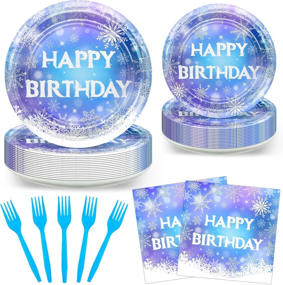 Snowflakes Winter Birthday Disposable Tableware (Plates, Napkins, Forks)