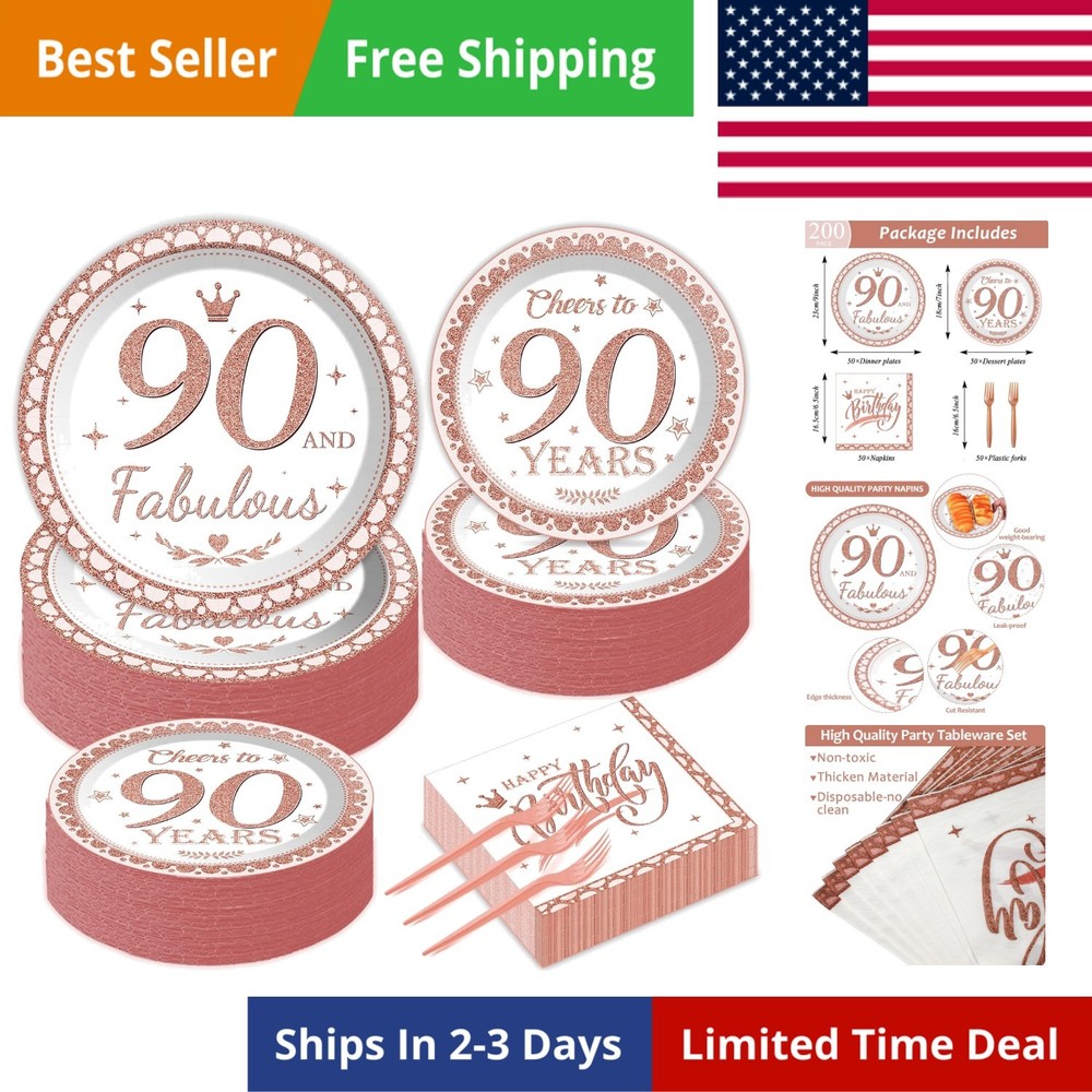 50 Guests 90th Birthday Decorations for Women, Rose Gold 90th Birthday Plates…
