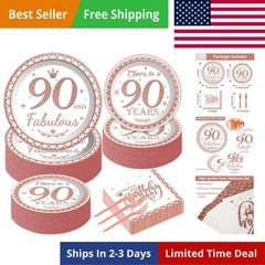50 Guests 90th Birthday Decorations for Women, Rose Gold 90th Birthday Plates…