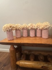 6 Pink Distressed Painted Mason Jars With Flowers- Party Table Centerpieces-
