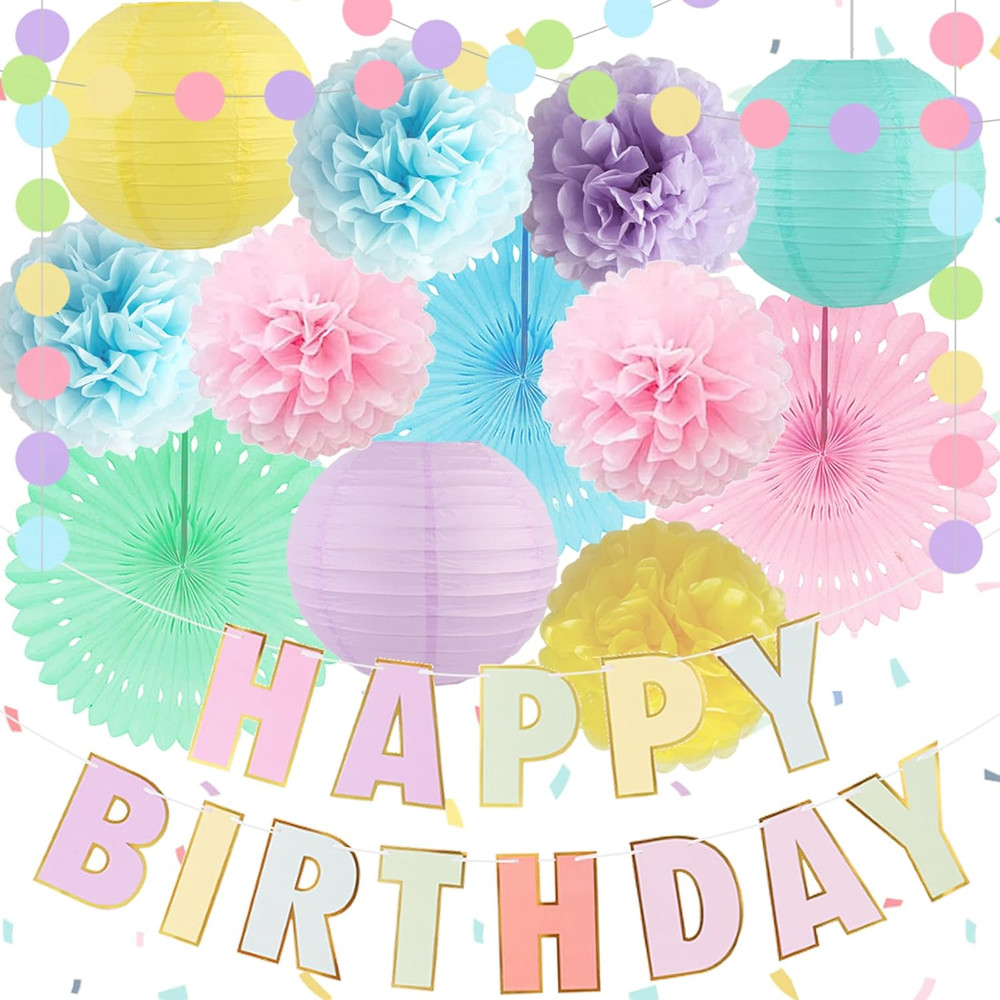 Pastel Birthday Decorations for Women or Girls – Pastel Happy Birthday Banner, H