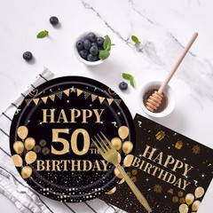 96Pcs Black Gold 50th Birthday Plates and Napkins Forks Set,50th Birthday Dec…