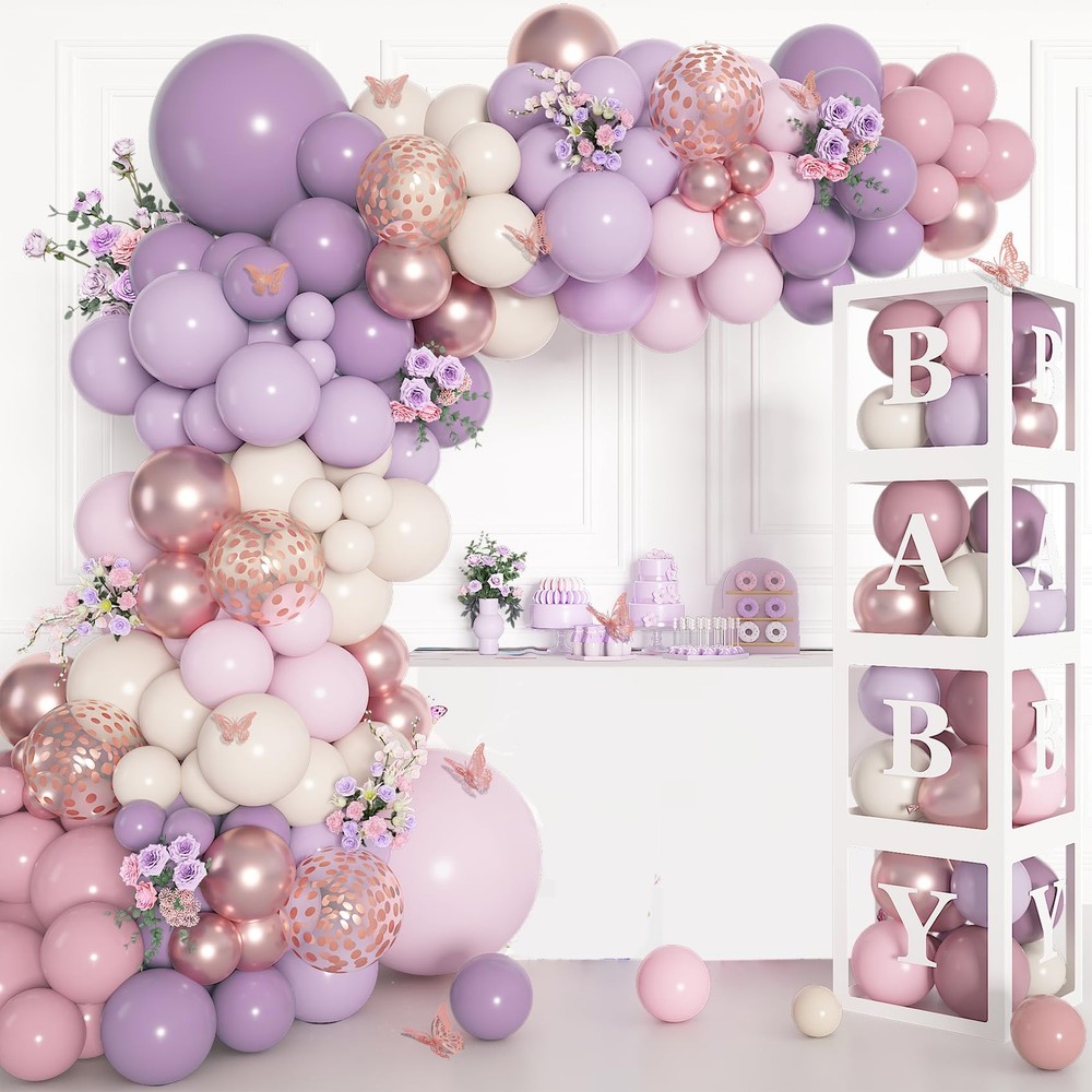 153Pcs Purple Baby Shower Decorations for Girl, Double-stuffed Pink Purple Ba…
