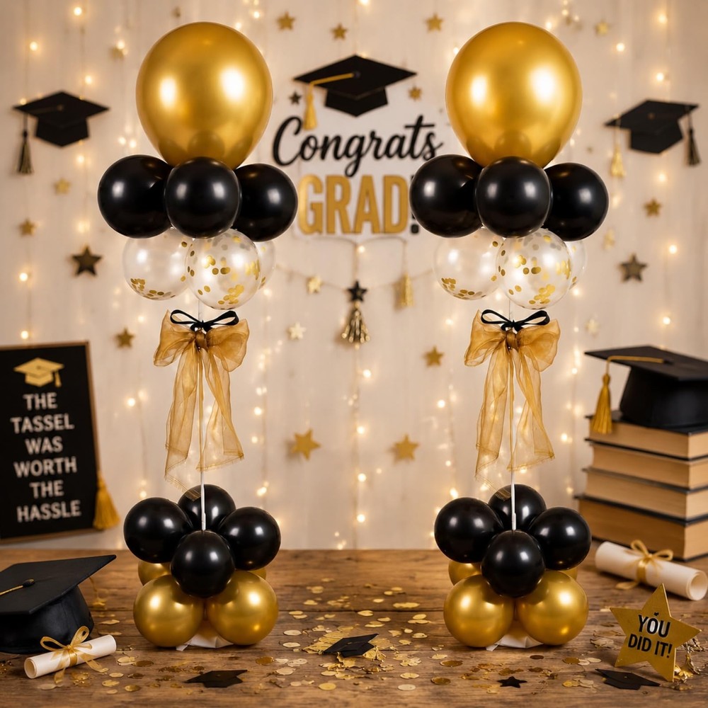 2 Sets Black and Gold Graduation Balloon Stands Centerpieces for Tables 2026 …