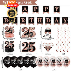 25th Birthday Decorations for Women Happy 25 Years Old Black Rose Gold