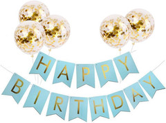 White HAPPY BIRTHDAY Banner with 5 Pcs Gold Confetti Balloons