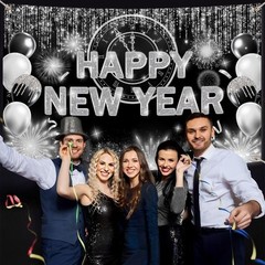 Black Silver Happy New Year Backdrop 2026 Kiss Me at Midnight Photography