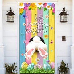 Happy Easter Decorations Colorful Eggs Flowers Bunny Door Cover Banner 35×72″