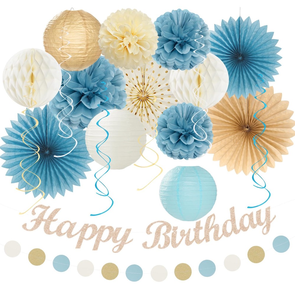 Light-Dusty Blue Beige-Champagne -Decorations – 21pcs Boho Neutral Happy Bann…