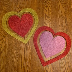 Vintage 90s 2 Glitter Hanging Hearts Valentines Day Decor Red Gold Pink 10x11in