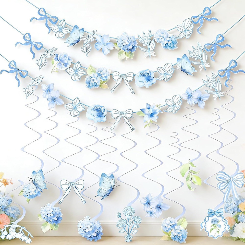 Blue Party Decorations, Blue Hydrangea Flower & Bow Themed Party Decorations, wi