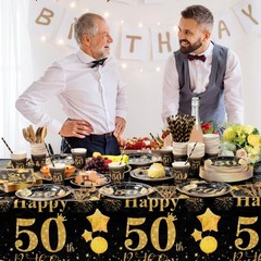 50th Birthday Party Supplies Set – 452 Pcs Black Gold Decor for 50 Guests, Plate