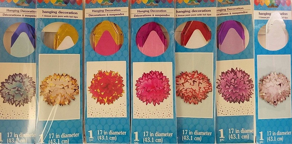 Celebration Colorful Foil Trimmed Tissue Pom Pom Hangers 17″ 1/Pk, Select Color