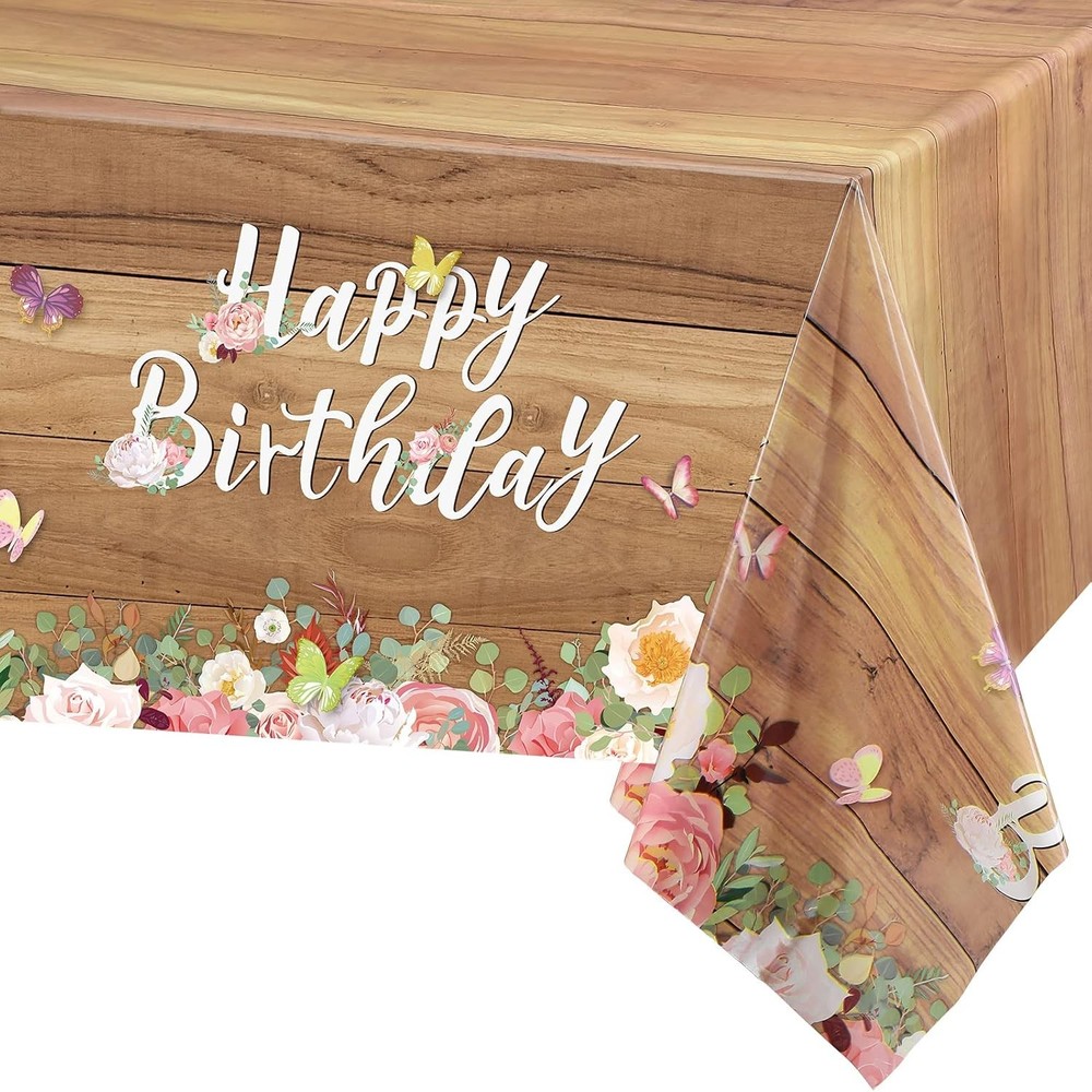 3 Pcs Floral Happy Birthday Tablecloths Cute Butterfly Wood Grain Table Cover