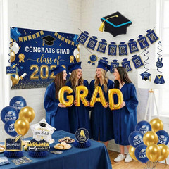 Class of 2026 Graduation Party Decorations – Navy Blue & Gold Set: GRAD Foil Bal