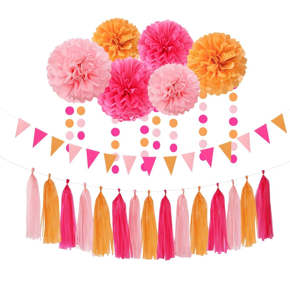 Hot-Pink Burnt-Orange Fall Party Decorations – 23pcs Baby Shower Tissue Pom P…