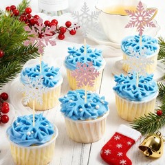 Snowflake Cupcake Toppers, 24PCS Glitter Winter Frozen Cupcake Picks Cake