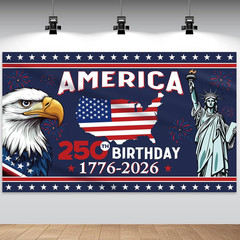 250th American Birthday Banner, 3.6×6 Ft Independence Day Backdrop Decor