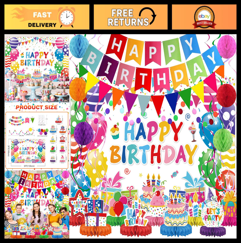 Colorful Birthday Decorations Kit – Party Banner, Honeycomb Balls, Swirls & Garl