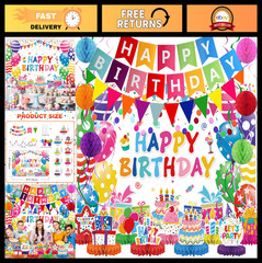 Colorful Birthday Decorations Kit – Party Banner, Honeycomb Balls, Swirls & Garl