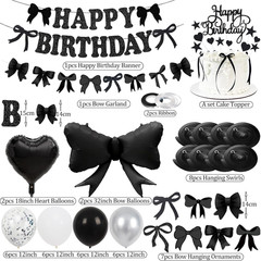 Black Bow Birthday Decorations, Happy Birthday Banner Garland and Hanging Swirls